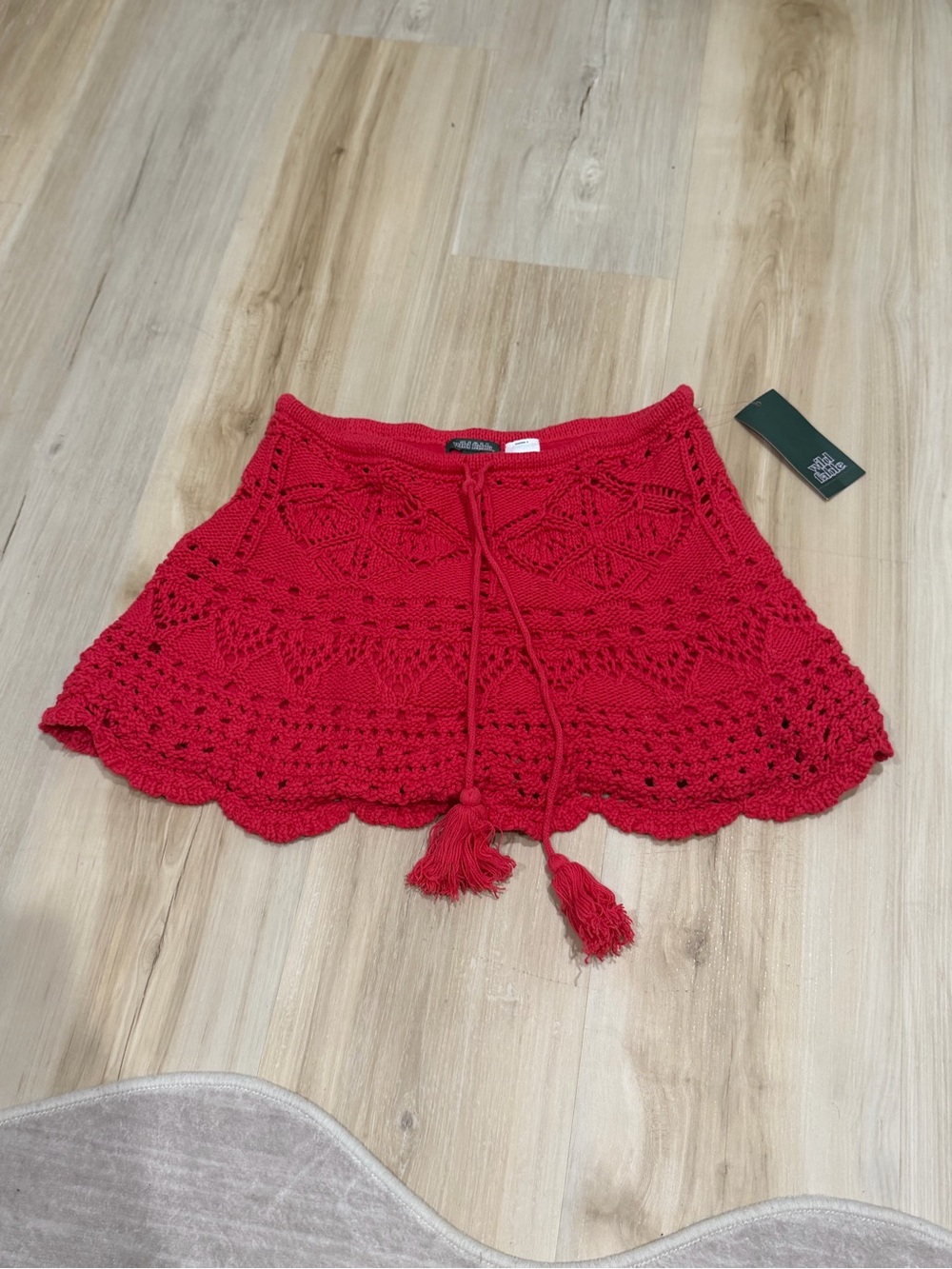 Red Crochet Mini Skirt with Tassel Tie